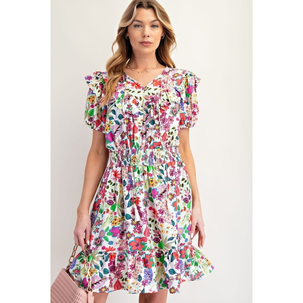 Easel Floral Print‎ Peach Blossom Tiered Dress Smocked Waist Wing Sleeve MEDIUM